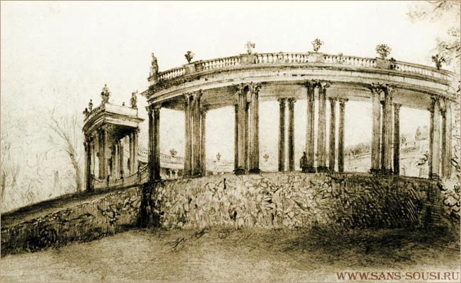 Колоннада перед фасадом дворца Сан-Суси. Рисунок А. Менцеля, ок. 1840 г.< / www.sans-souci.ru