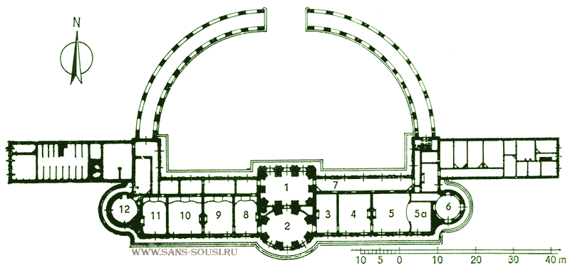 Дворец Сан-Суси (схема расположения залов). Парк Сан-Суси. Потсдам.